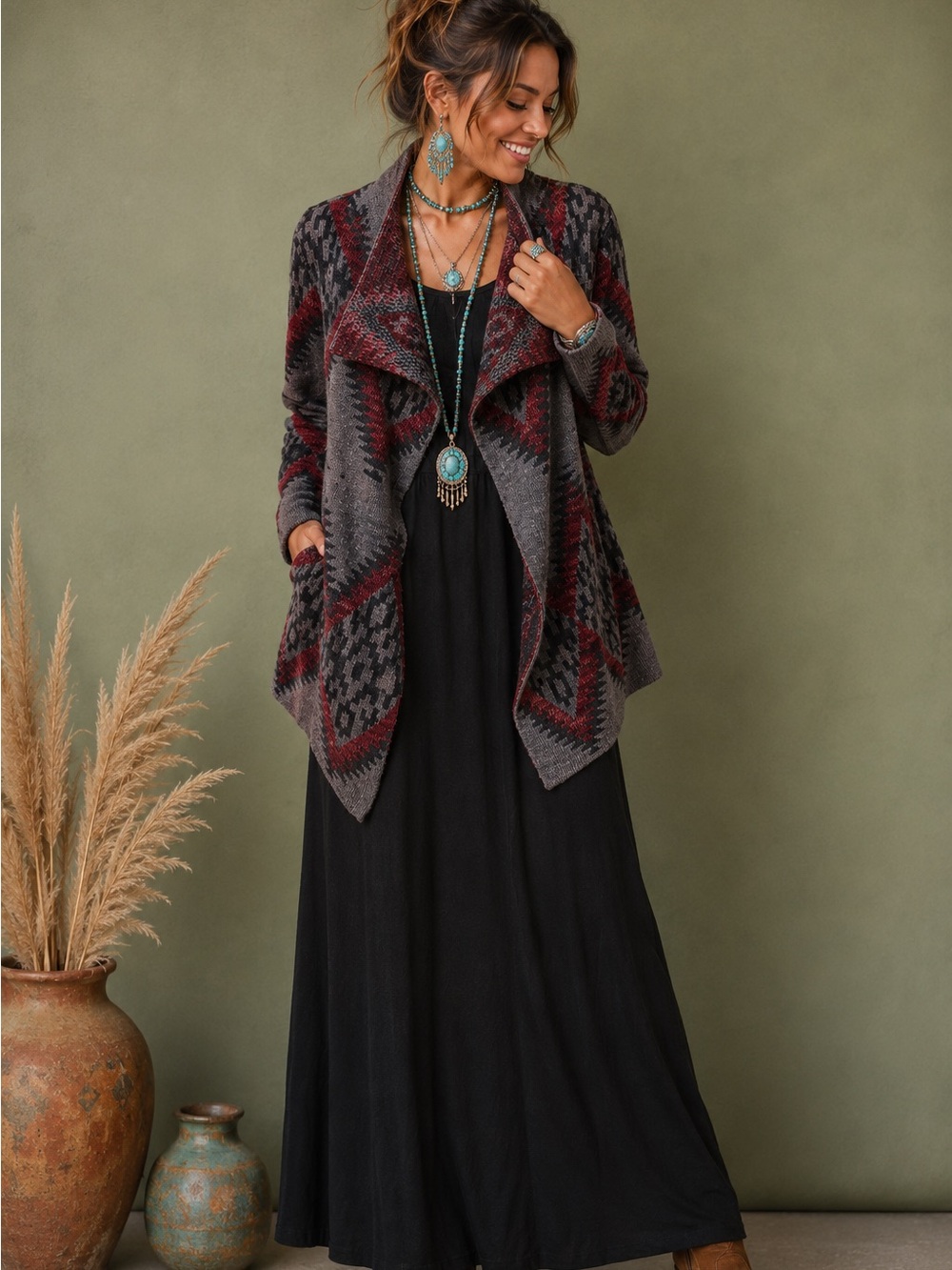 Eleven Star Fall Sweater | Draped Open Front | Burgundy Gray Western Large